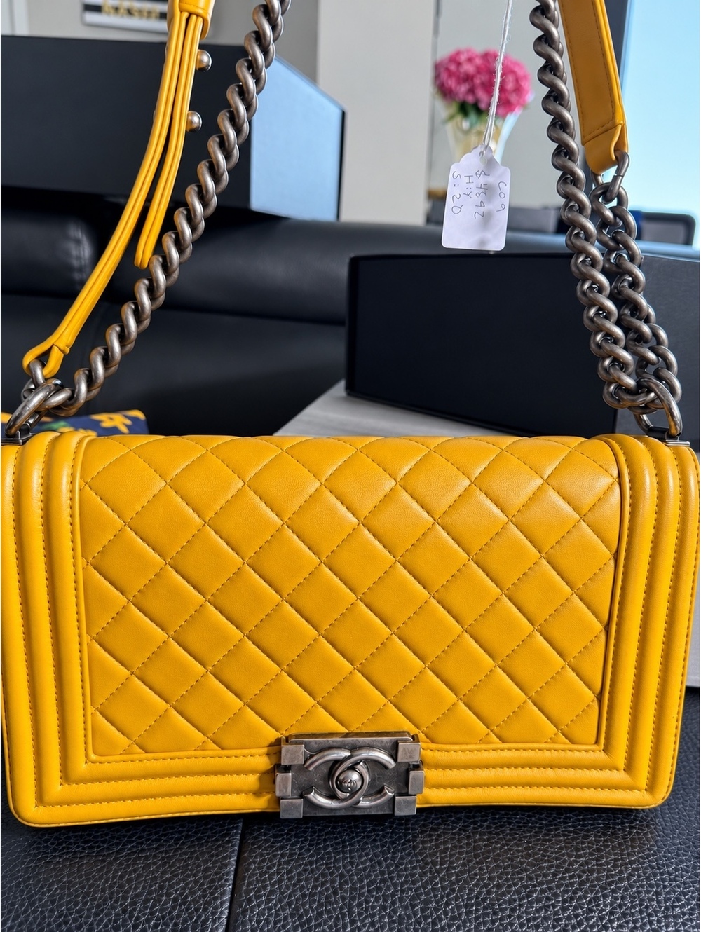 Authentic Chanel Boy Old Medium Mustard Yellow Lambskin Ruthenium 2014 Recolored